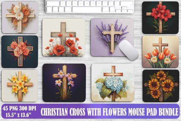 Christian Cross with Flowers Mouse Pad Backgrounds Bundle for Crafters